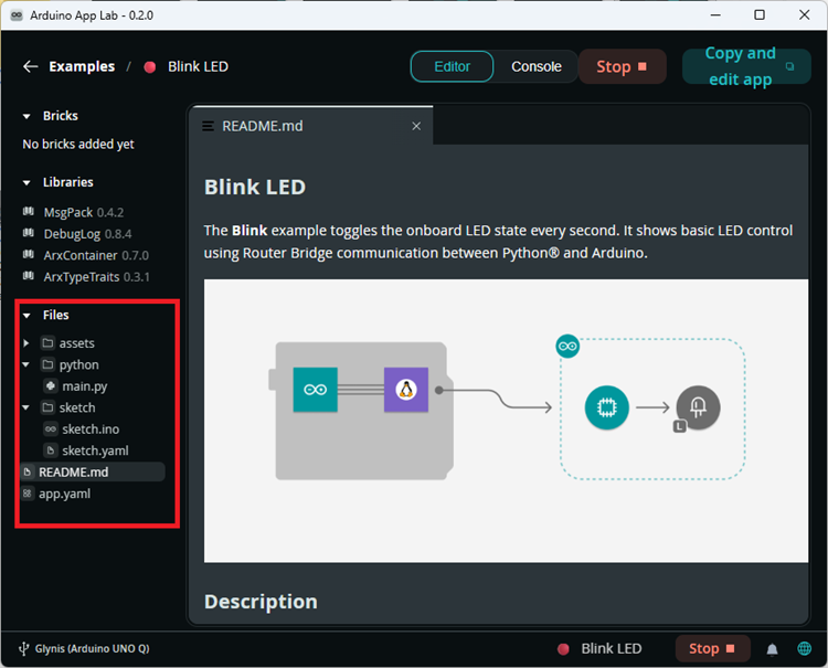 Archivos del ejemplo Blink LED: una carpeta python para el MPU y una carpeta sketch para el MCU