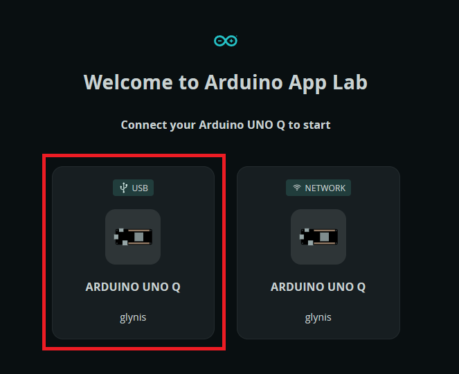 Selección de la conexión USB en el Arduino App Lab para reconocer la placa