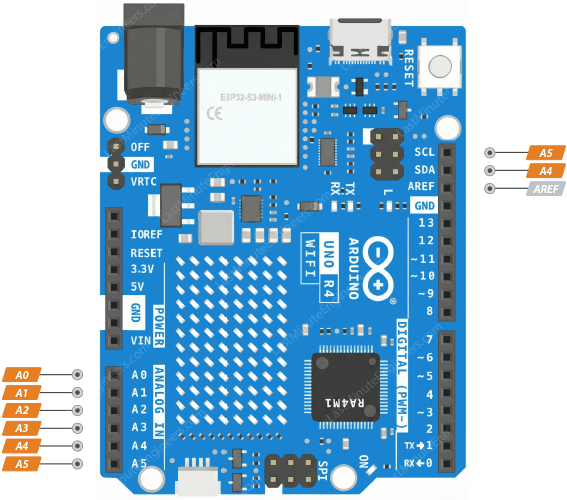 Los seis pines de entrada analógica del Arduino UNO R4 WiFi, de A0 a A5