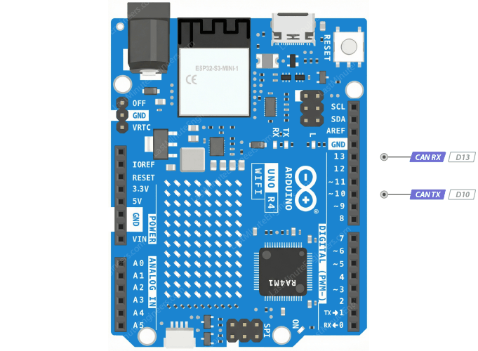 Pines del bus CAN del Arduino UNO R4 WiFi: D4 para CAN TX y D5 para CAN RX