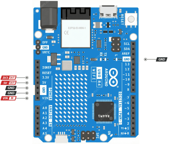 Pines de alimentación del Arduino UNO R4 WiFi: VIN, 5V, 3,3V y GND