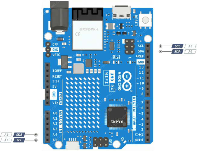 Pines del bus I2C de 5V en el Arduino UNO R4 WiFi: A4 como SDA y A5 como SCL