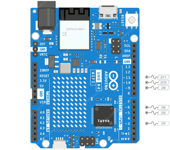 Los seis pines con PWM del Arduino UNO R4 WiFi: D3, D5, D6, D9, D10 y D11