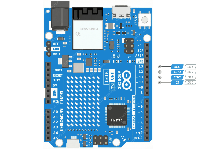 Pines del bus SPI del Arduino UNO R4 WiFi: COPI, CIPO, SCK y CS