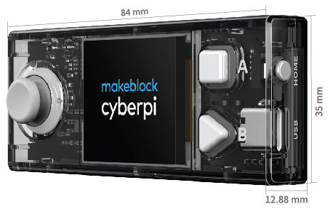 Dimensiones del CyberPi: 84 mm de alto, 35 mm de ancho y 13 mm de profundidad