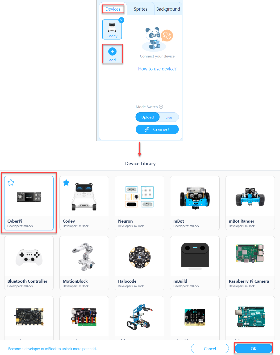Pestaña Devices de mBlock 5: pulsar «+ add» y seleccionar CyberPi