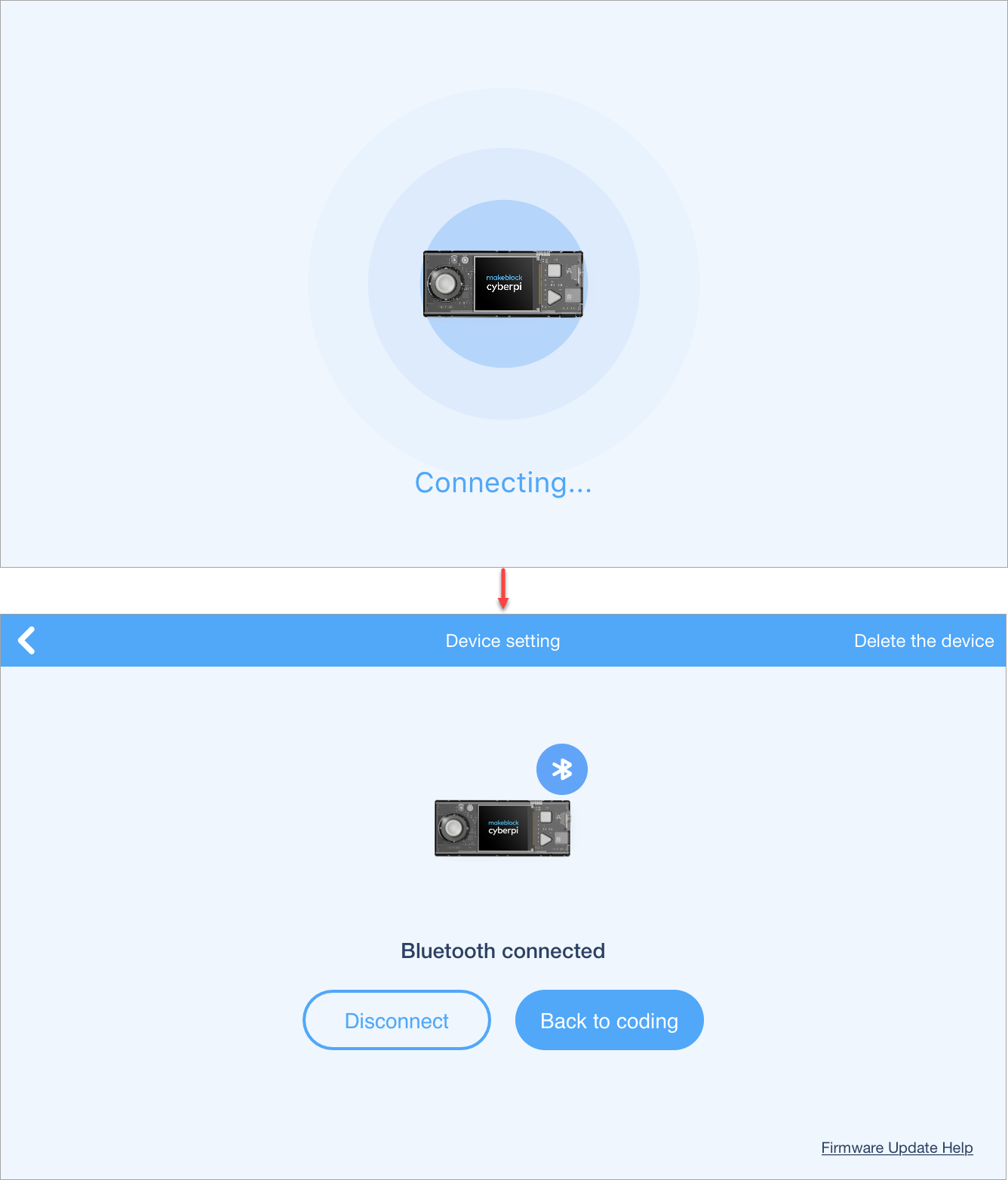 La app busca el CyberPi por bluetooth y se conecta