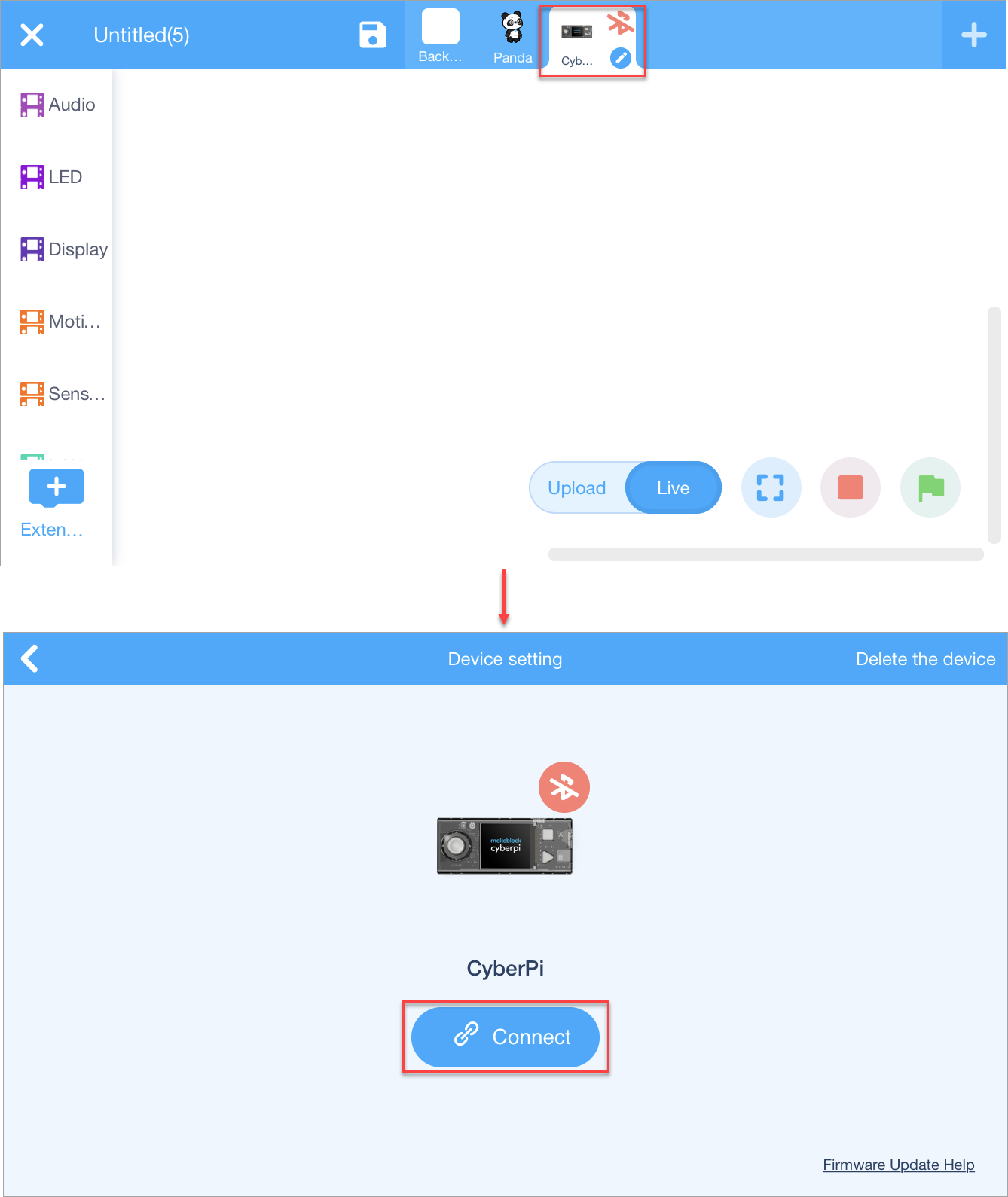 Pulsar el icono de CyberPi y luego «Connect», acercando el teléfono al robot