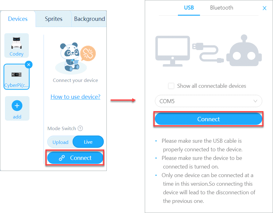 Botón Connect de mBlock 5 para conectar el CyberPi