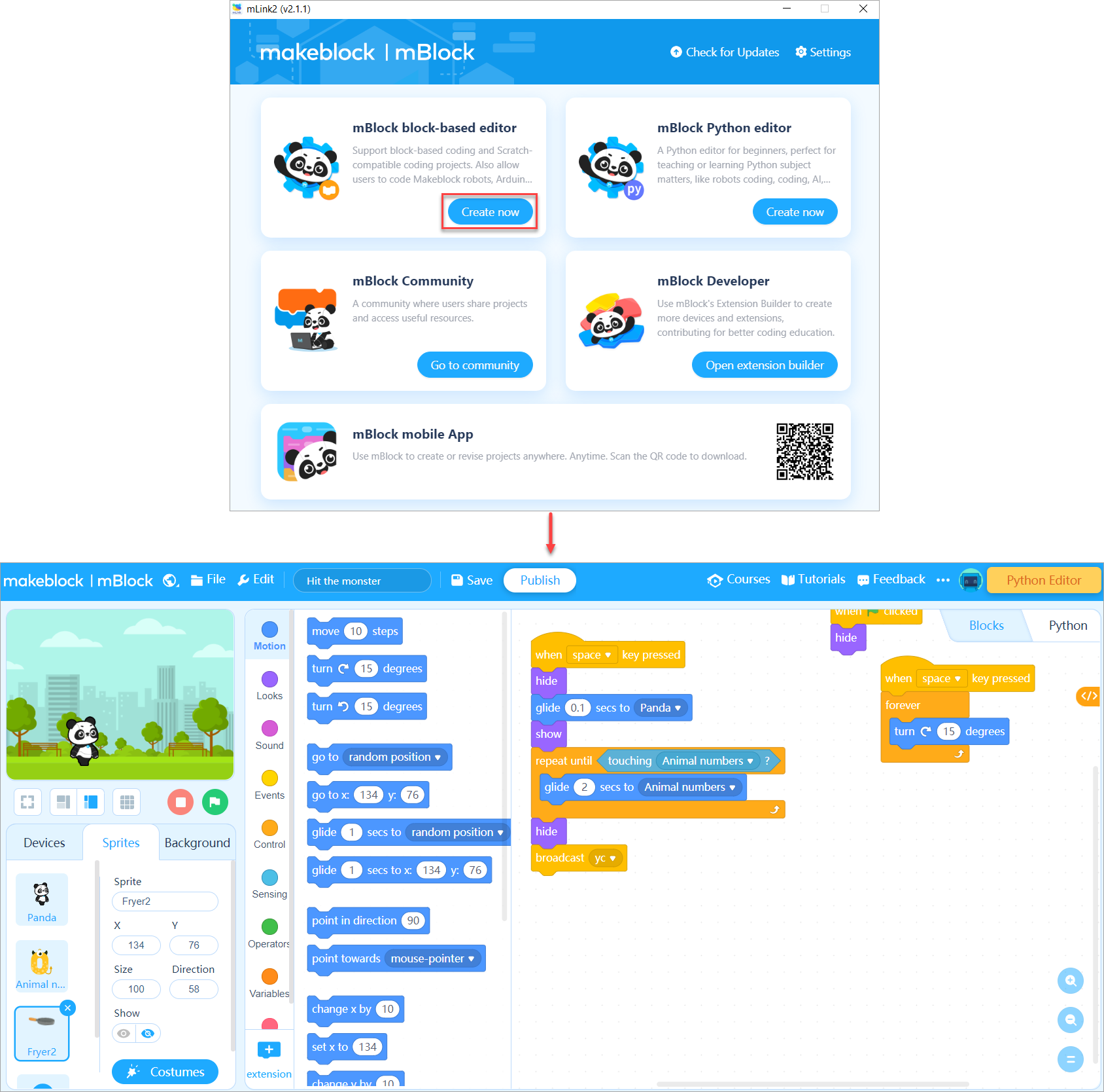 Botón «Create now» del editor por bloques para abrir mBlock 5 en el navegador