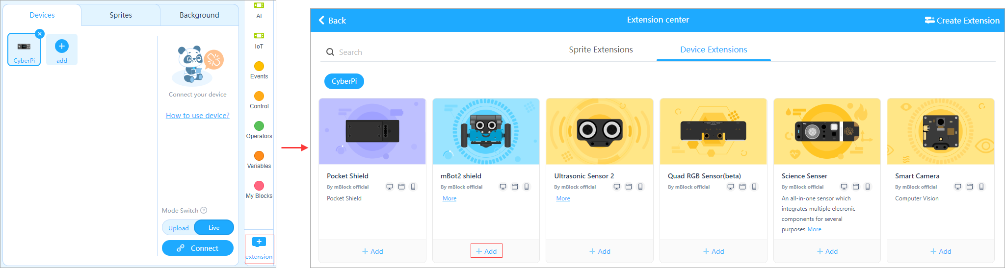 Añadir la extensión del shield mBot2 en mBlock 5