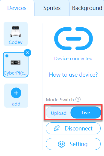 Selector de modo de programación de mBlock 5: Live y Upload
