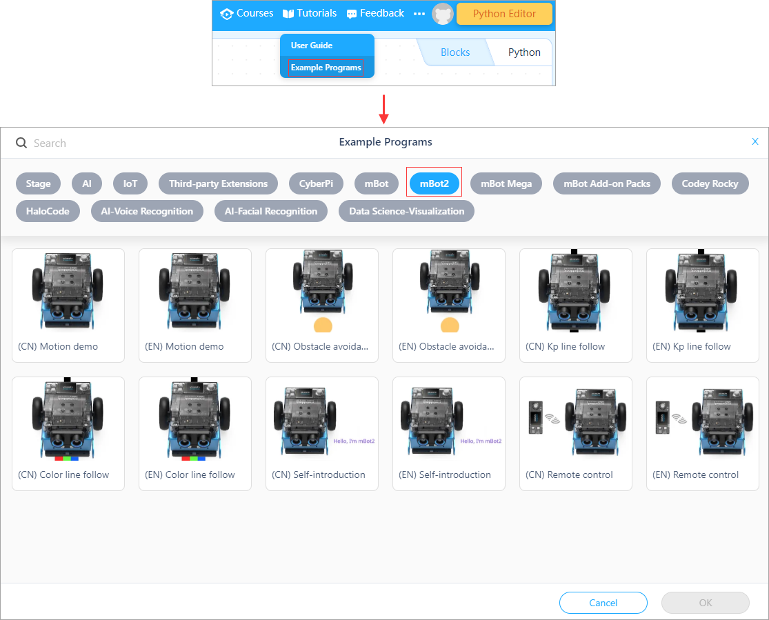 Programas de ejemplo para mBot2 en el menú Tutorials de mBlock 5